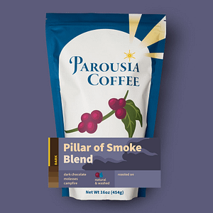 Parousia Coffee bag on a purple background. Sticker over top. Dark roast. notes of dark chocolate and molasses.